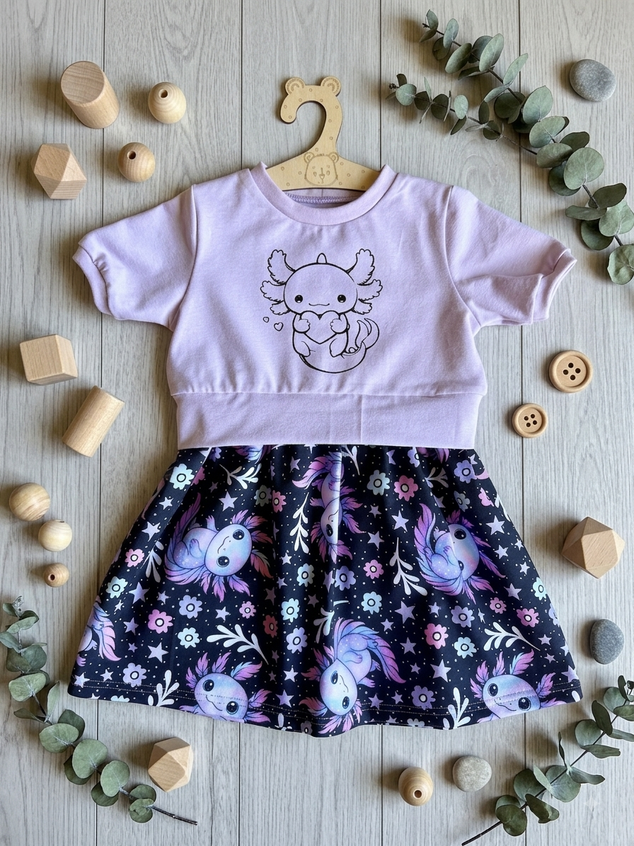 Handmade Girly Sweater Gr. 98 in Lila mit Axolotl-Bügelbild und dunklem Axolotl-Rock