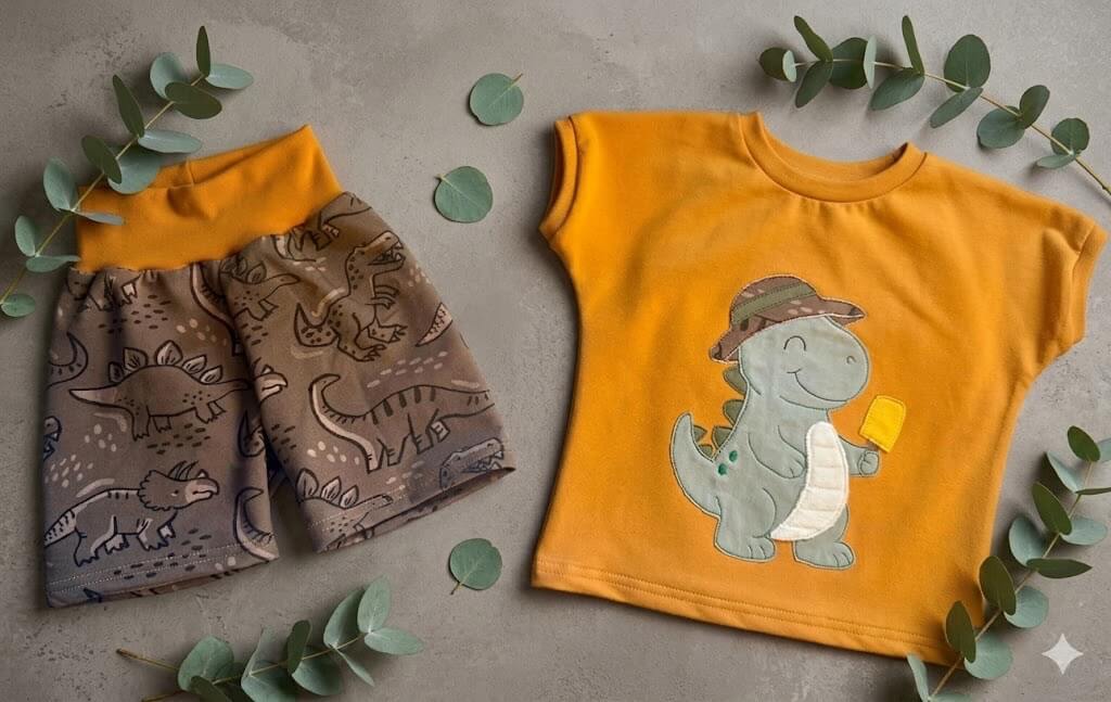 T‑Shirt & kurze Hose Größe 86 in Gelb mit Dino Motiv
