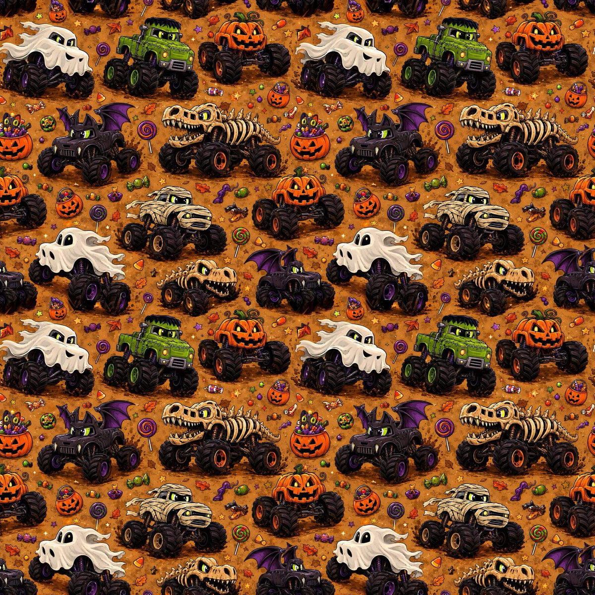 Stoff Meterware Spooky Monster Trucks Musterwiederholung Kinderstoffe Babystoffe