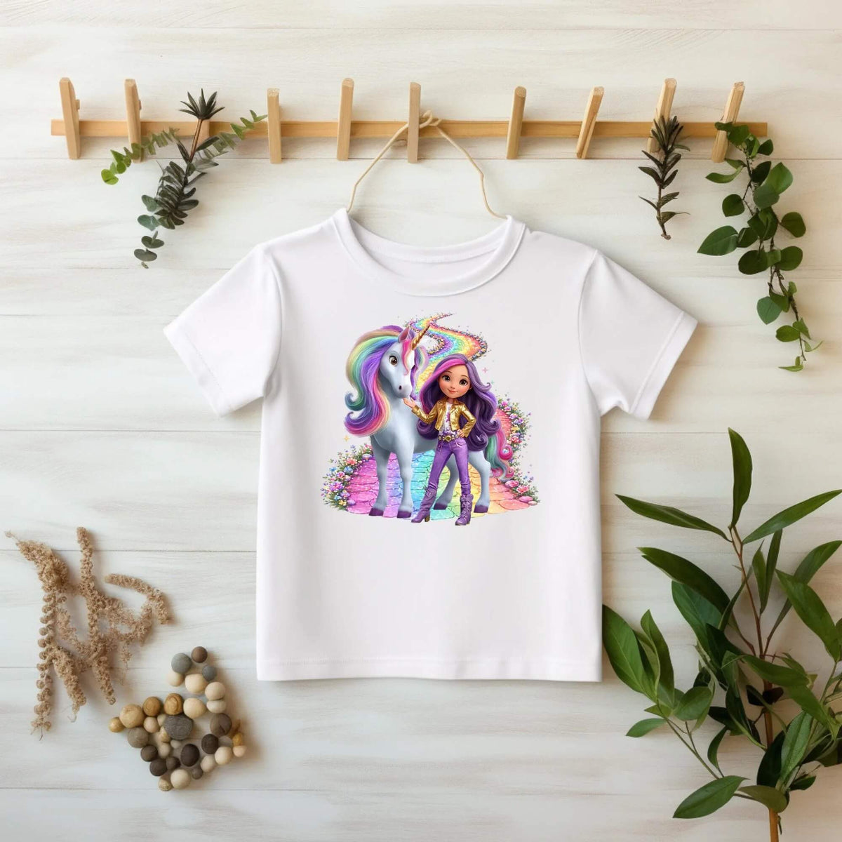 Nahaufnahme DTF Bügelbild Einhorn mit Regenbogenmähne und Mädchen in goldener Jacke