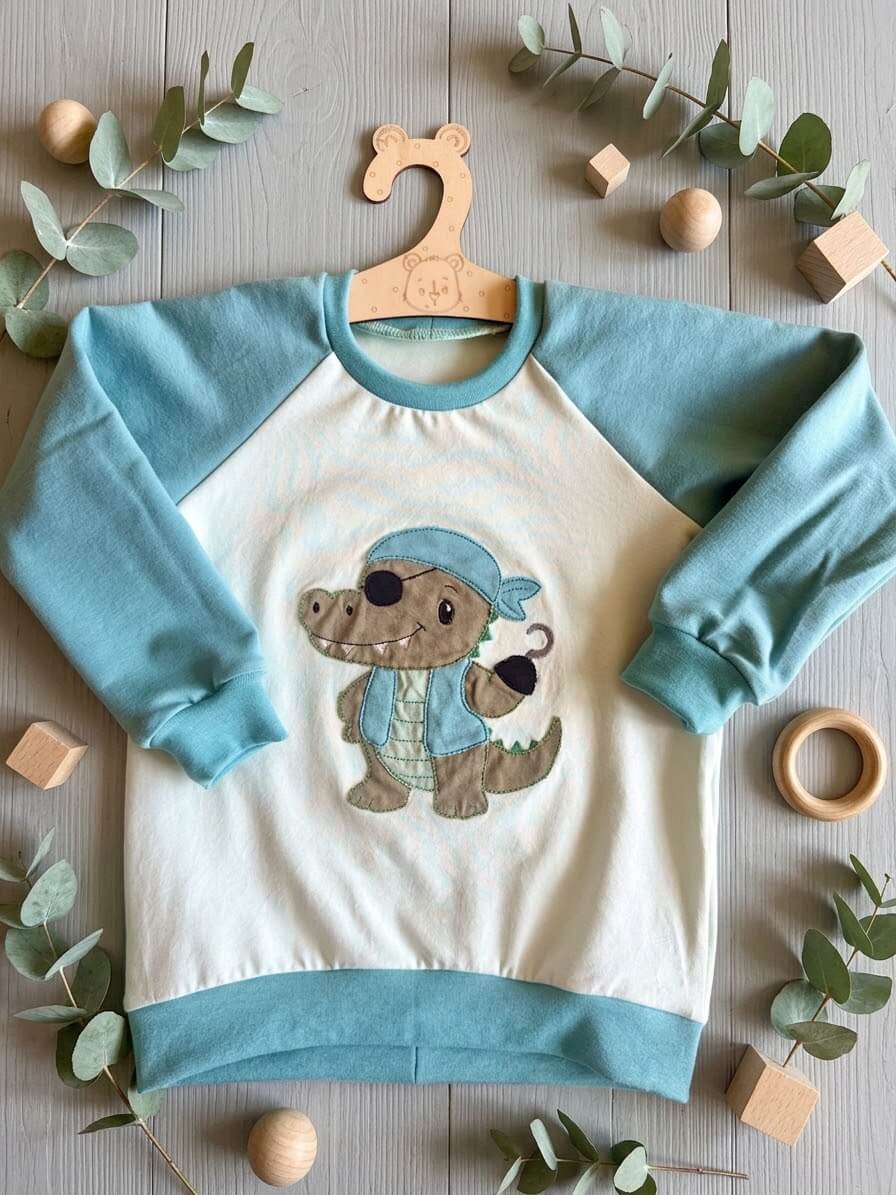 Pullover Kinder Größe 98 türkis mit Piraten-Krokodil-Stickapplikation, Jersey, mit Eukalyptus- und Holzdeko fotografiert