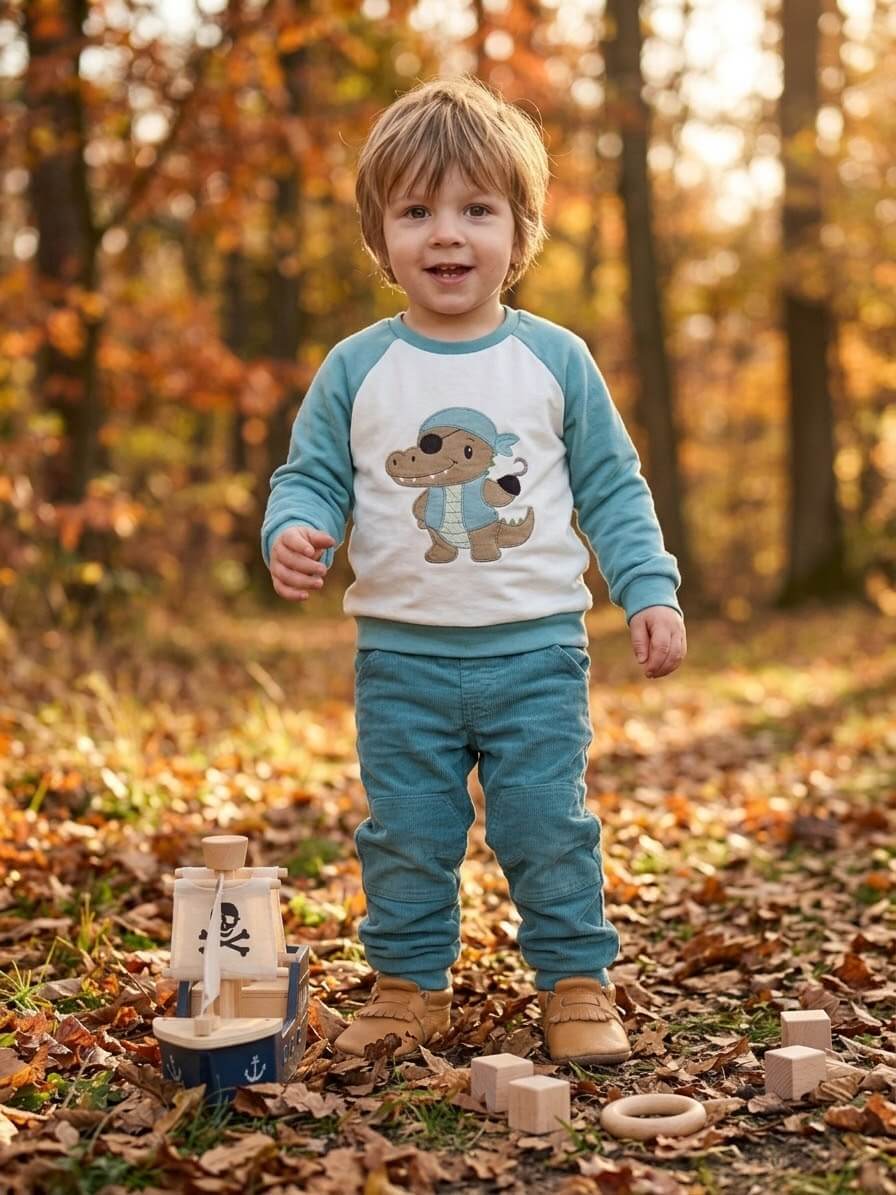 Kind trägt türkisen Pullover mit Piraten-Krokodil-Stickerei Gr. 98 beim Spielen im Herbstwald mit Piratenschiff
