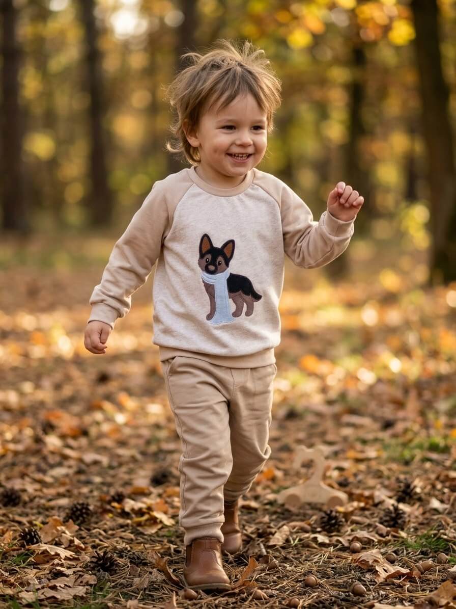 Kind trägt beigen Pullover mit Schäferhund-Stickerei Gr. 98 beim Laufen im Herbstwald