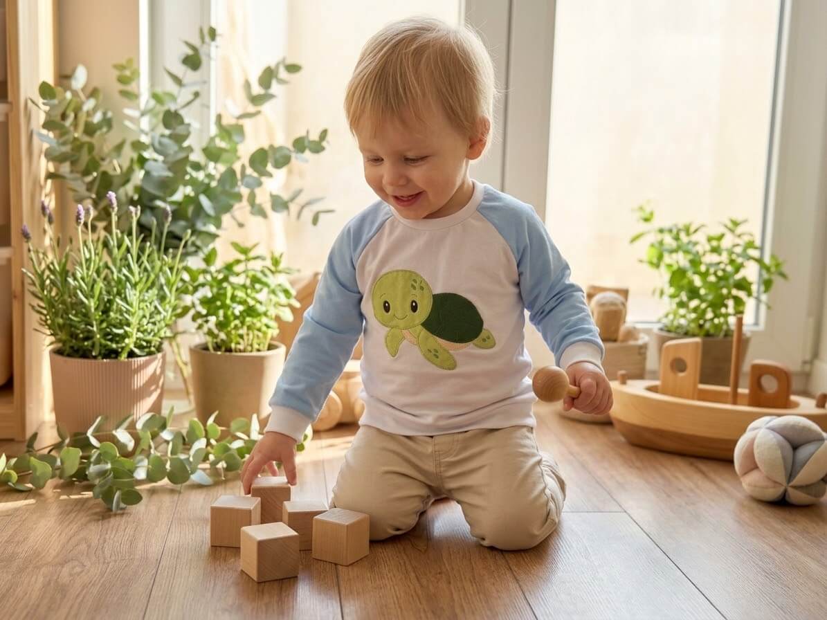 Kind trägt blauen Pullover mit Schildkröten-Stickerei Gr. 98 beim Spielen mit Holzbausteinen