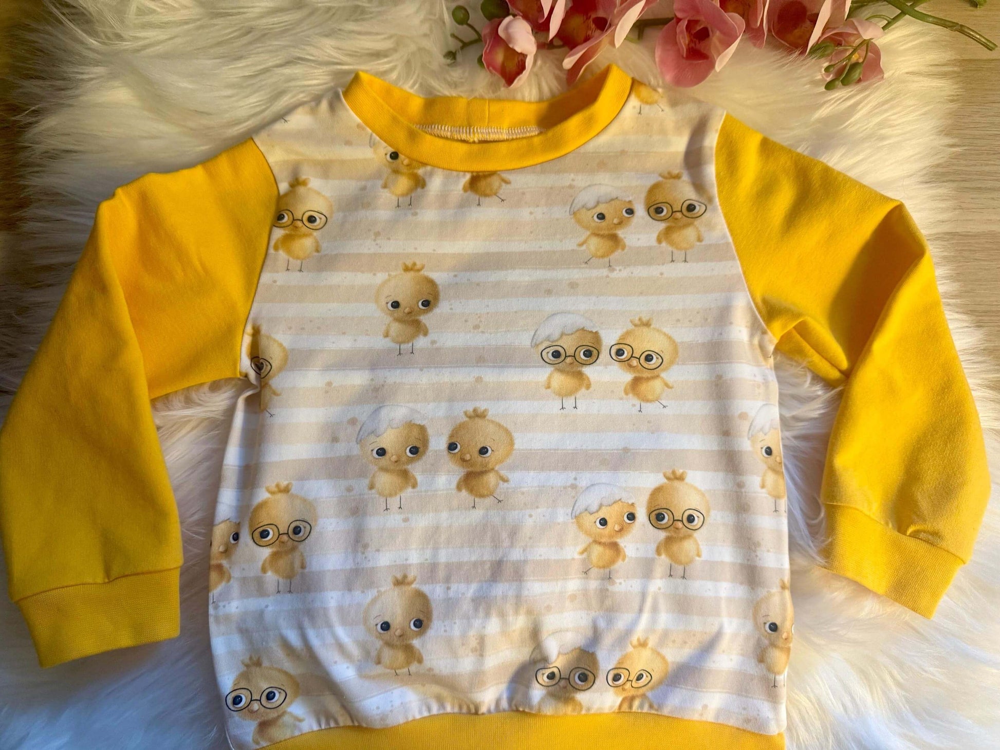 Handmade Pullover mit Kükenmuster, French Terry
