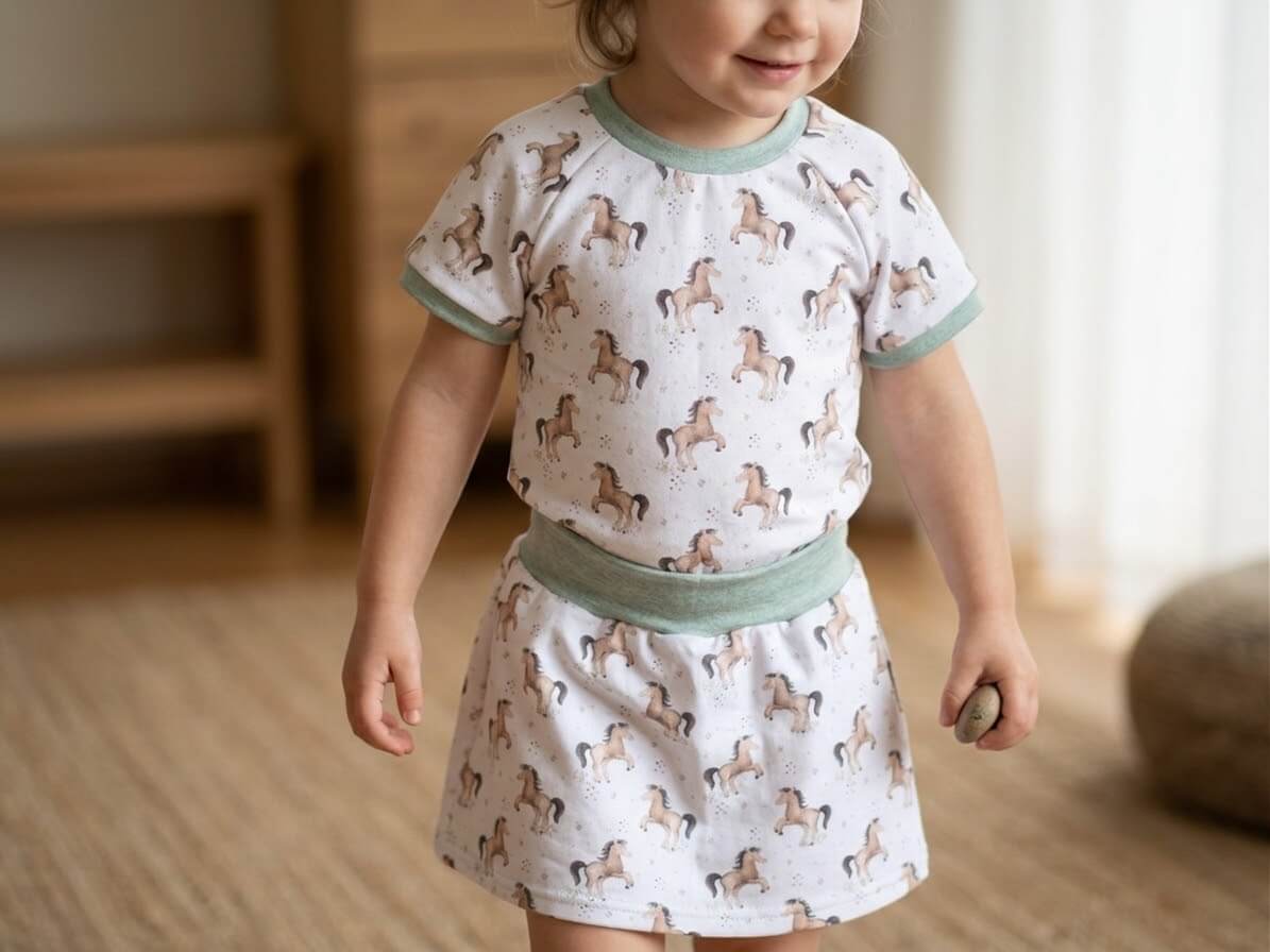 Raglan T-Shirt Kinder Größe 98 weiß mit Pferdeprint, French Terry, flach liegend fotografiert