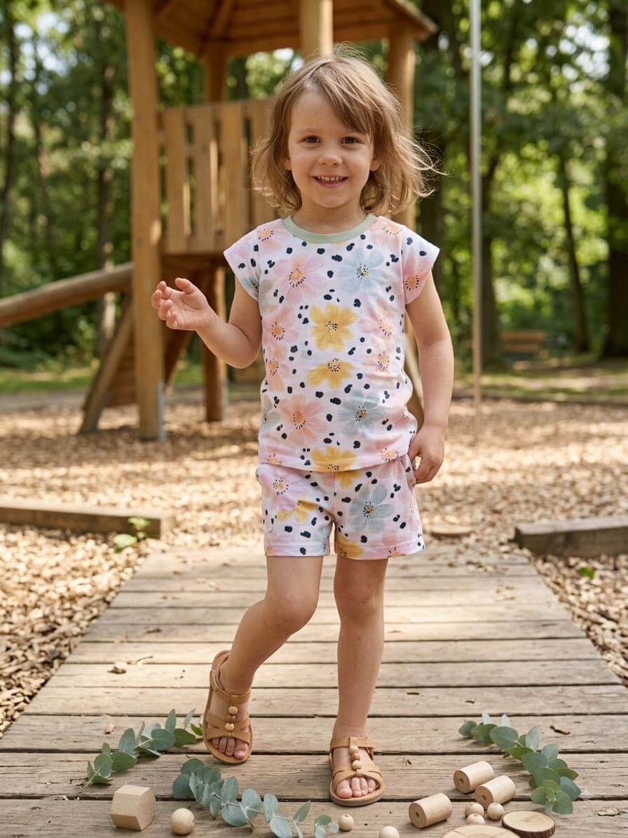 Weißes Kinder T-Shirt Gr. 122 mit Blumenprint, Styling-Foto mit Eukalyptus und Holzdeko